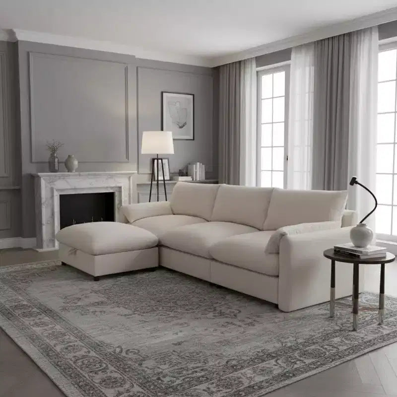 Grand canapé d'angle en chenille avec pouf de rangement et poches, support de téléphone réglable et ports de charge