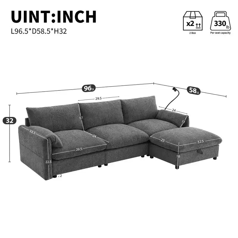 Grand canapé d'angle en chenille avec pouf de rangement et poches, support de téléphone réglable et ports de charge