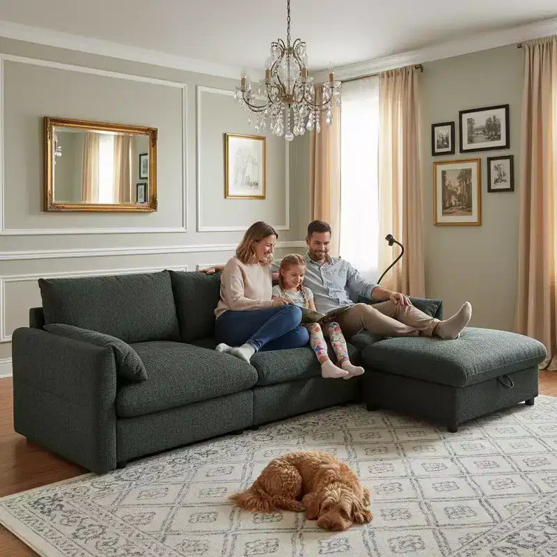 Grand canapé d'angle en chenille avec pouf de rangement et poches, support de téléphone réglable et ports de charge