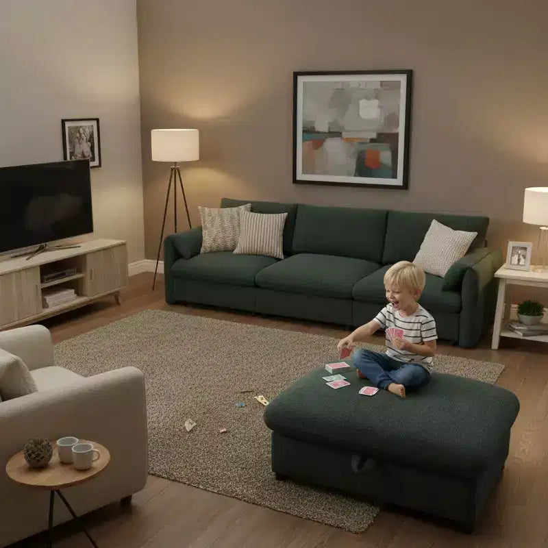 Grand canapé d'angle en chenille avec pouf de rangement et poches, support de téléphone réglable et ports de charge
