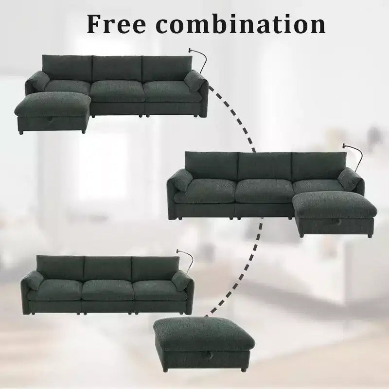 Grand canapé d'angle en chenille avec pouf de rangement et poches, support de téléphone réglable et ports de charge
