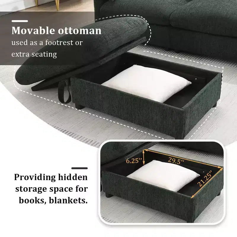 Grand canapé d'angle en chenille avec pouf de rangement et poches, support de téléphone réglable et ports de charge