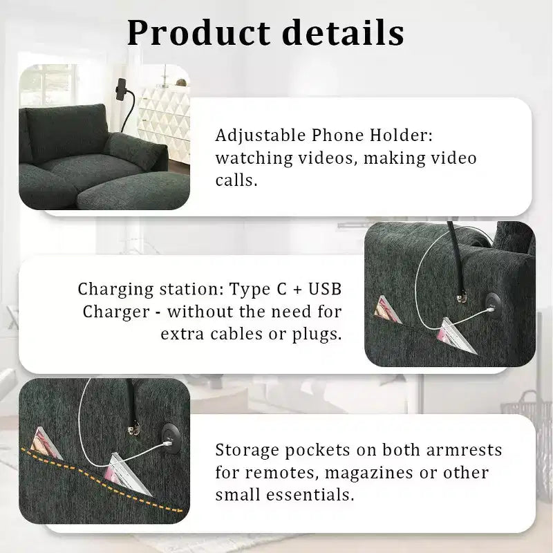 Grand canapé d'angle en chenille avec pouf de rangement et poches, support de téléphone réglable et ports de charge