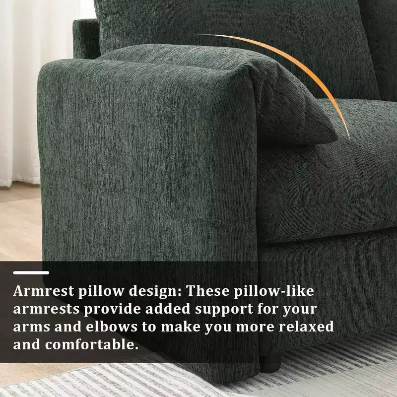 Grand canapé d'angle en chenille avec pouf de rangement et poches, support de téléphone réglable et ports de charge