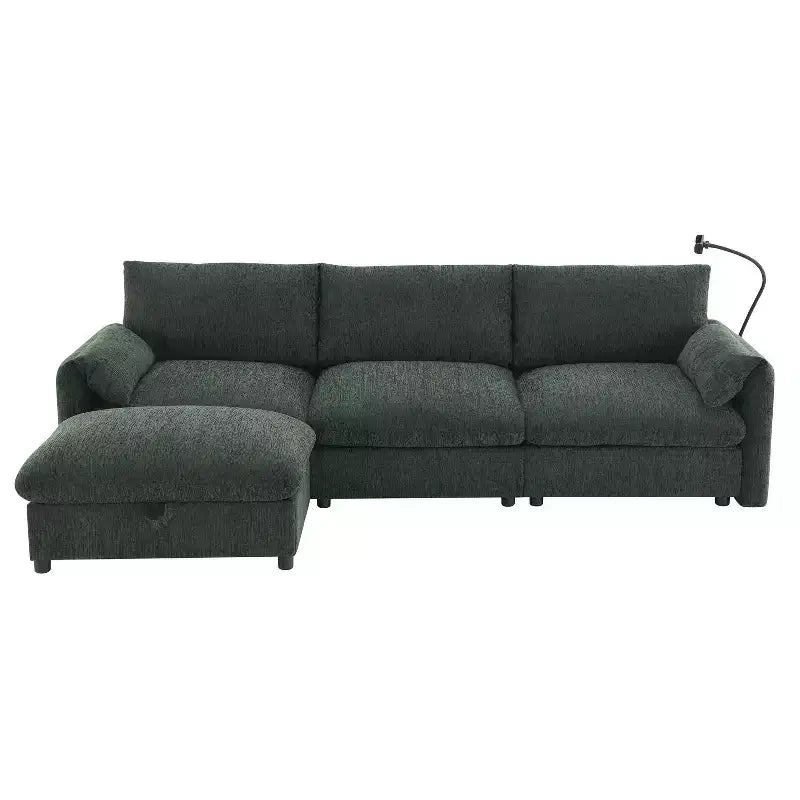 Grand canapé d'angle en chenille avec pouf de rangement et poches, support de téléphone réglable et ports de charge