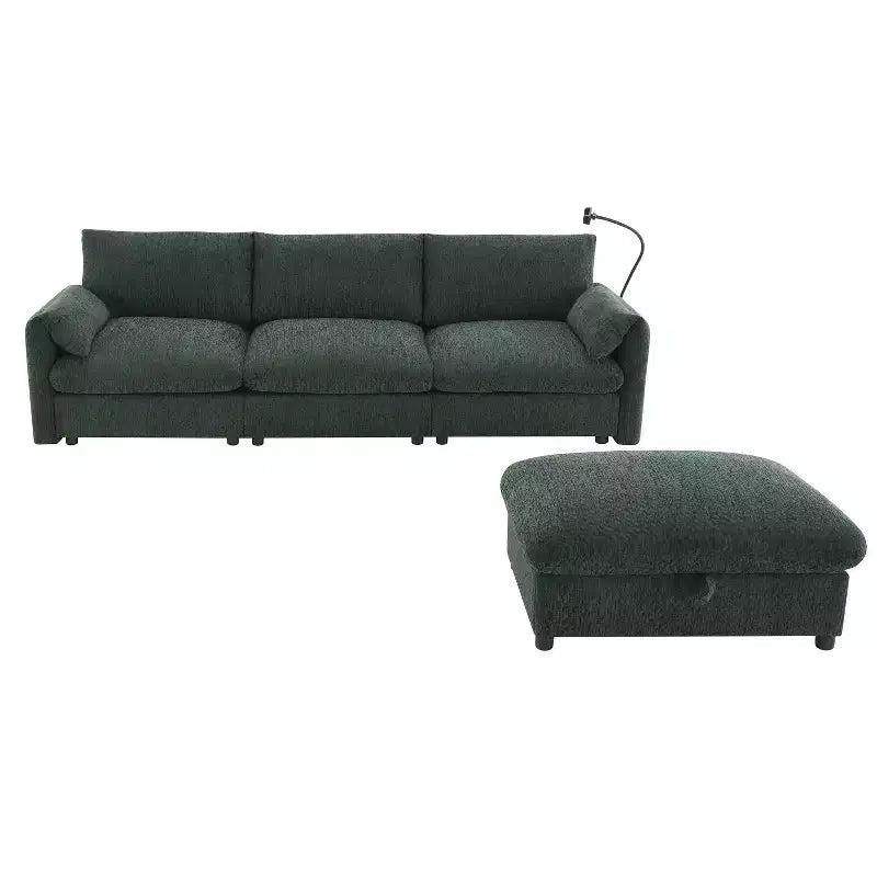 Grand canapé d'angle en chenille avec pouf de rangement et poches, support de téléphone réglable et ports de charge