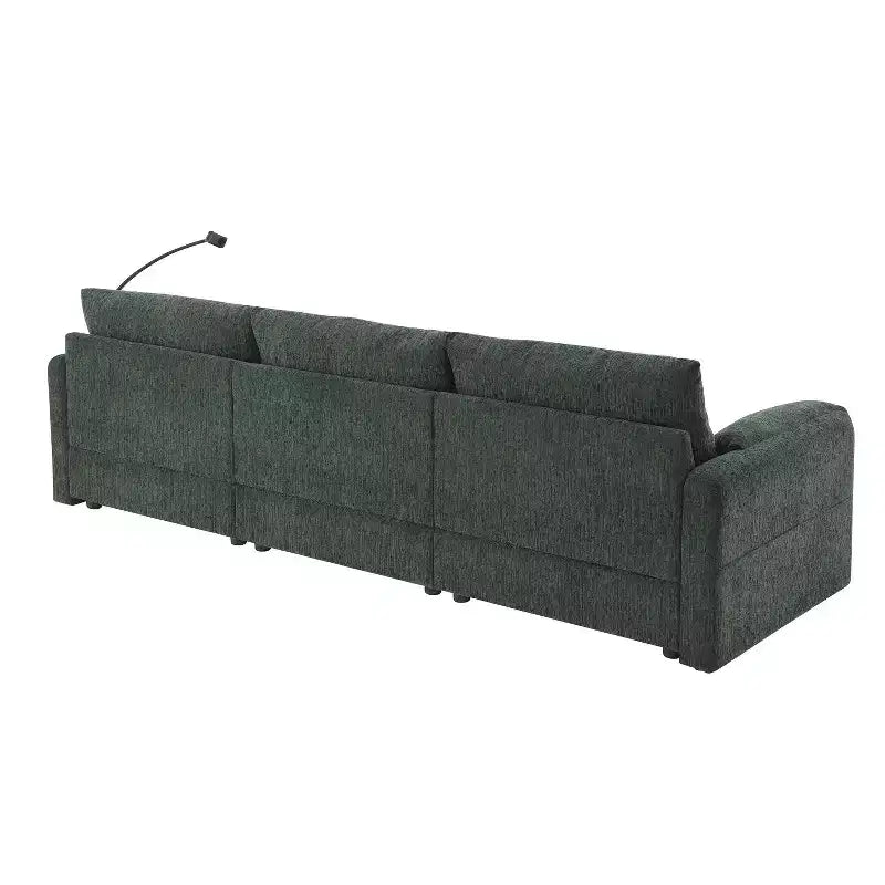 Grand canapé d'angle en chenille avec pouf de rangement et poches, support de téléphone réglable et ports de charge
