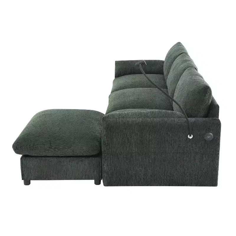 Grand canapé d'angle en chenille avec pouf de rangement et poches, support de téléphone réglable et ports de charge