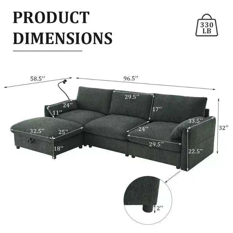 Grand canapé d'angle en chenille avec pouf de rangement et poches, support de téléphone réglable et ports de charge