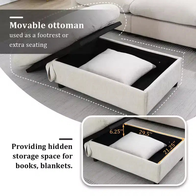 Grand canapé d'angle en chenille avec pouf de rangement et poches, support de téléphone réglable et ports de charge