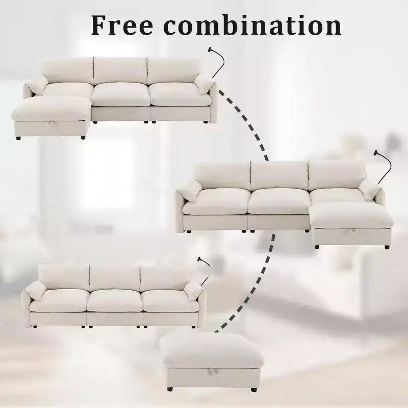 Grand canapé d'angle en chenille avec pouf de rangement et poches, support de téléphone réglable et ports de charge
