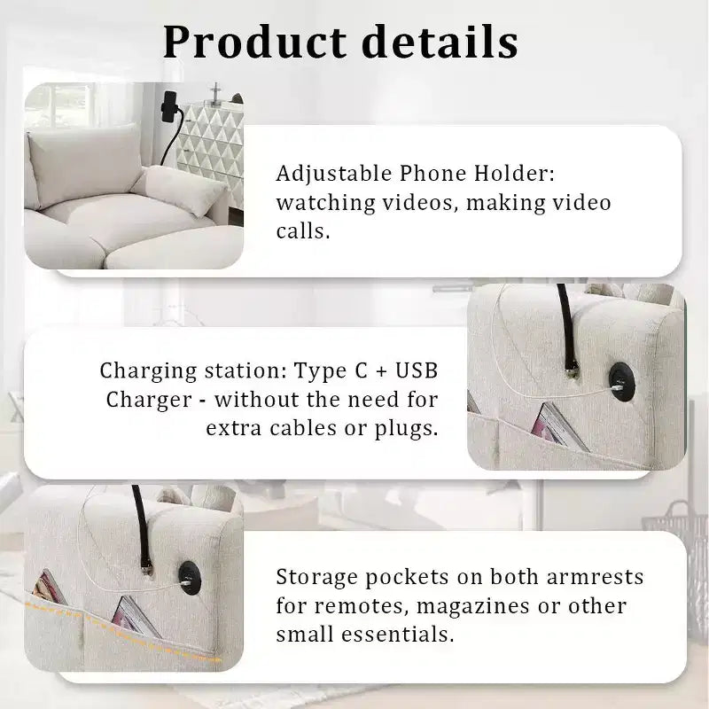 Grand canapé d'angle en chenille avec pouf de rangement et poches, support de téléphone réglable et ports de charge