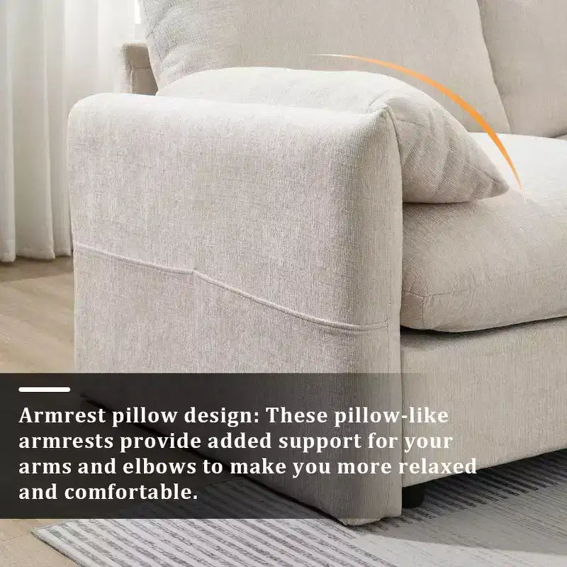 Grand canapé d'angle en chenille avec pouf de rangement et poches, support de téléphone réglable et ports de charge