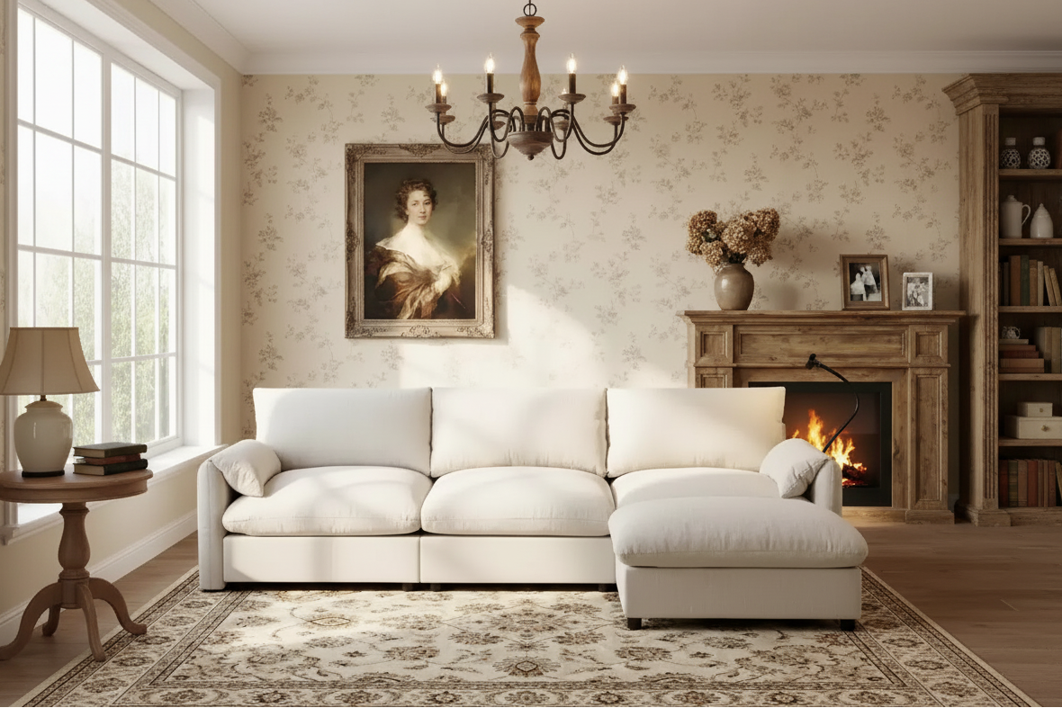Whisen Oversized Chenille Sectional Sofa Couch with Storage Ottoman and Pockets, Adjustable Phone Holder and Charging Ports