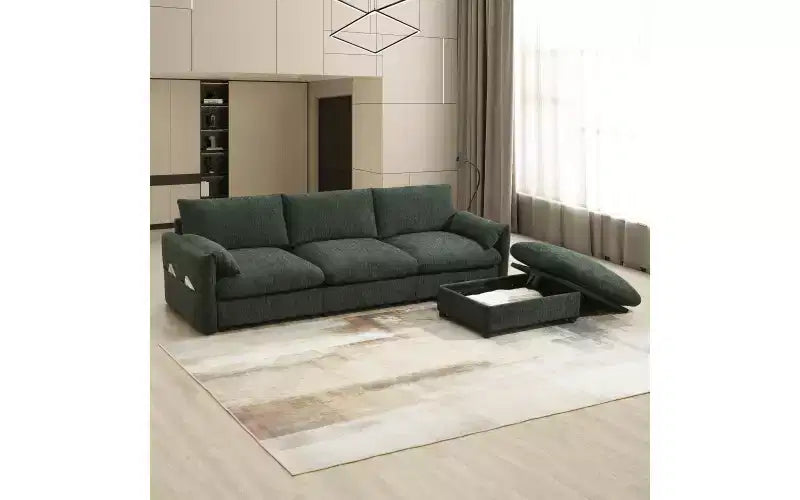 Grand canapé d'angle en chenille avec pouf de rangement et poches, support de téléphone réglable et ports de charge