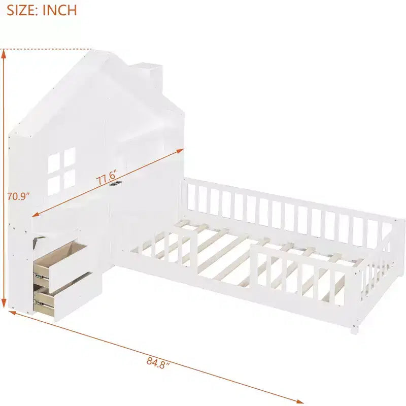 Lit cabane de taille double/complète avec cadre de lit plate-forme avec tiroirs de chevet, étagères, un ensemble de prises et un port USB, blanc-ModernLuxe