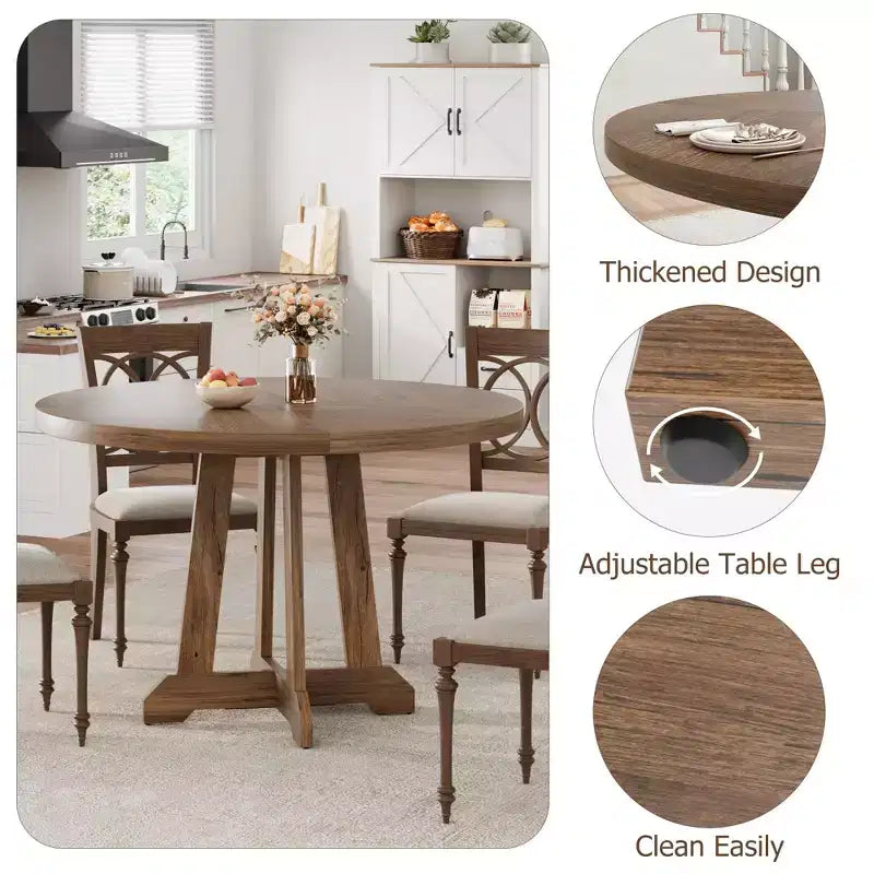 Table à manger ronde de 47 po pour 4 personnes, table de cuisine en bois avec pied robuste et plateau en 4 sections, table de ferme pour salle à manger