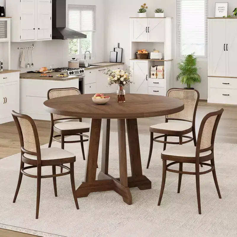 Table à manger ronde de 47 po pour 4 personnes, table de cuisine en bois avec pied robuste et plateau en 4 sections, table de ferme pour salle à manger