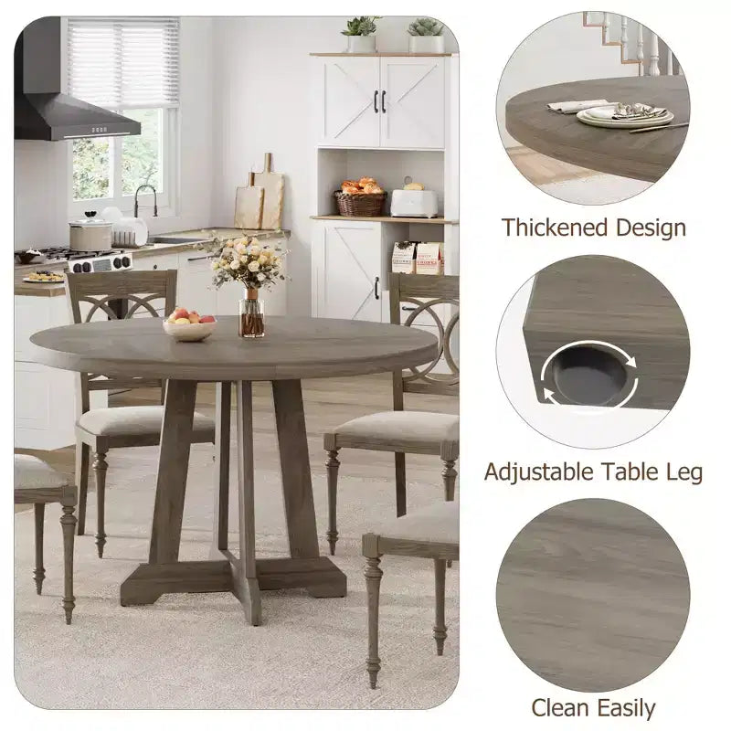 Table à manger ronde de 47 po pour 4 personnes, table de cuisine en bois avec pied robuste et plateau en 4 sections, table de ferme pour salle à manger