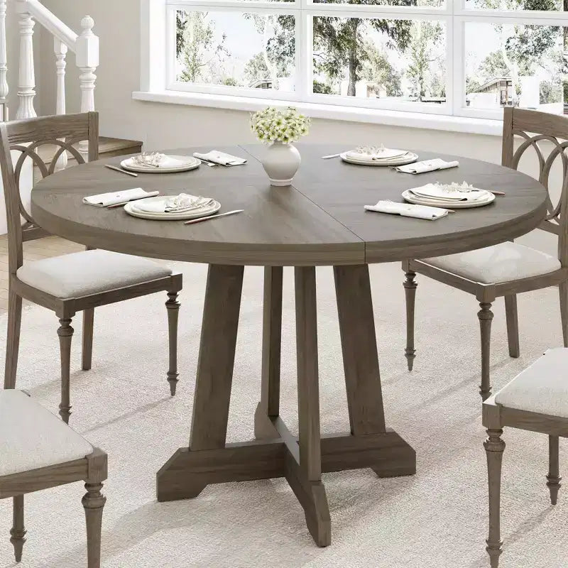 Table à manger ronde de 47 po pour 4 personnes, table de cuisine en bois avec pied robuste et plateau en 4 sections, table de ferme pour salle à manger