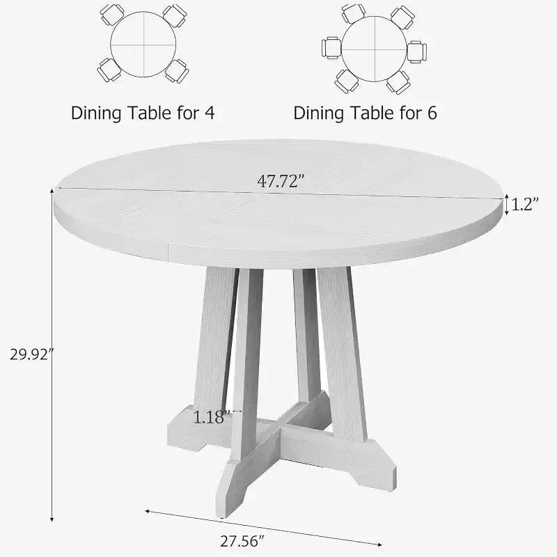 Table à manger ronde de 47 po pour 4 personnes, table de cuisine en bois avec pied robuste et plateau en 4 sections, table de ferme pour salle à manger