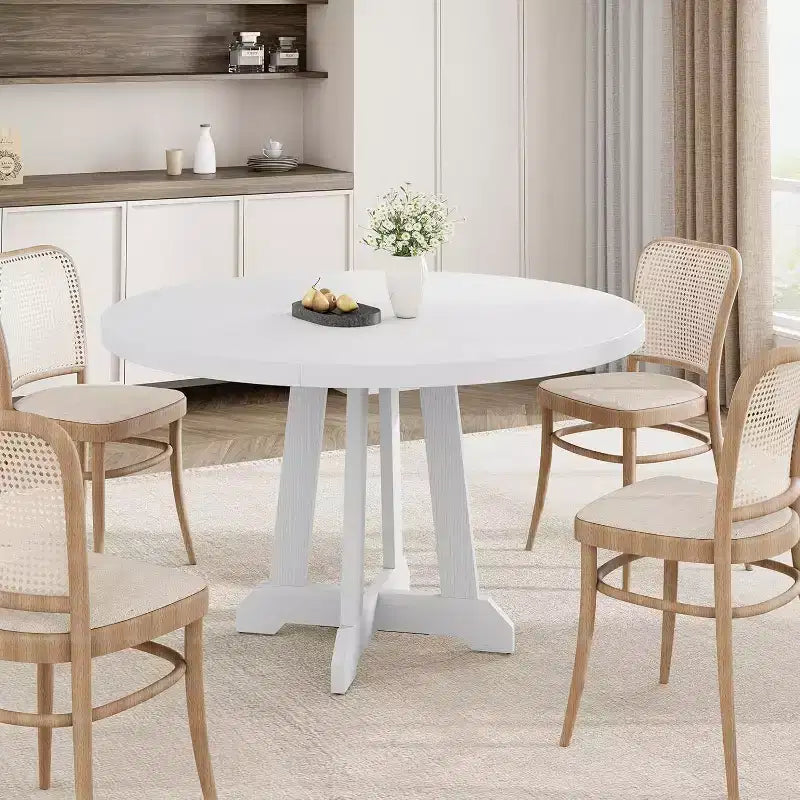 Table à manger ronde de 47 po pour 4 personnes, table de cuisine en bois avec pied robuste et plateau en 4 sections, table de ferme pour salle à manger