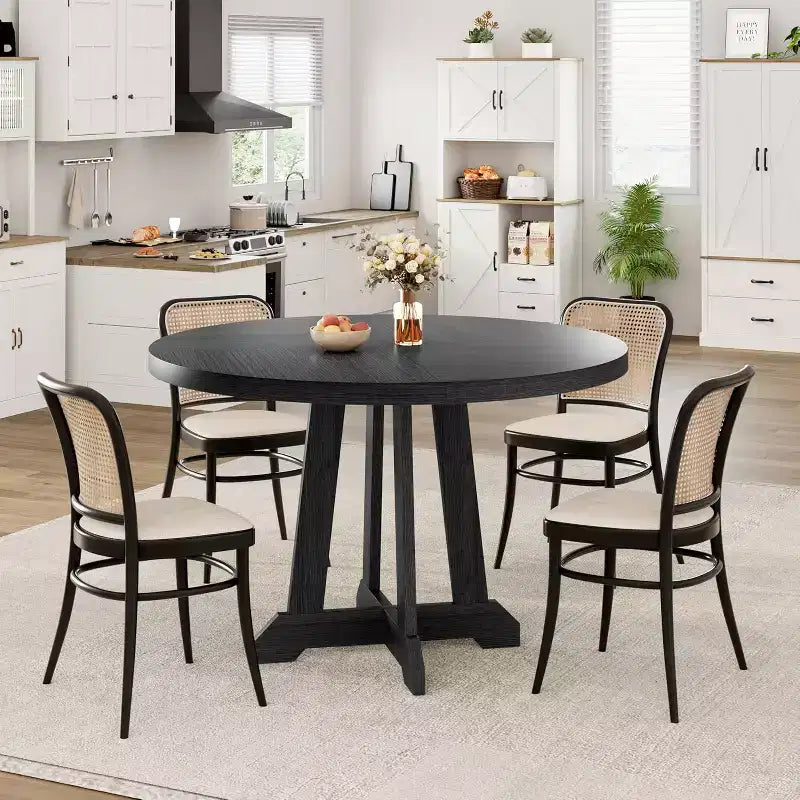 Table à manger ronde de 47 po pour 4 personnes, table de cuisine en bois avec pied robuste et plateau en 4 sections, table de ferme pour salle à manger
