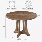 Table à manger ronde de 47 po pour 4 personnes, table de cuisine en bois avec pied robuste et plateau en 4 sections, table de ferme pour salle à manger