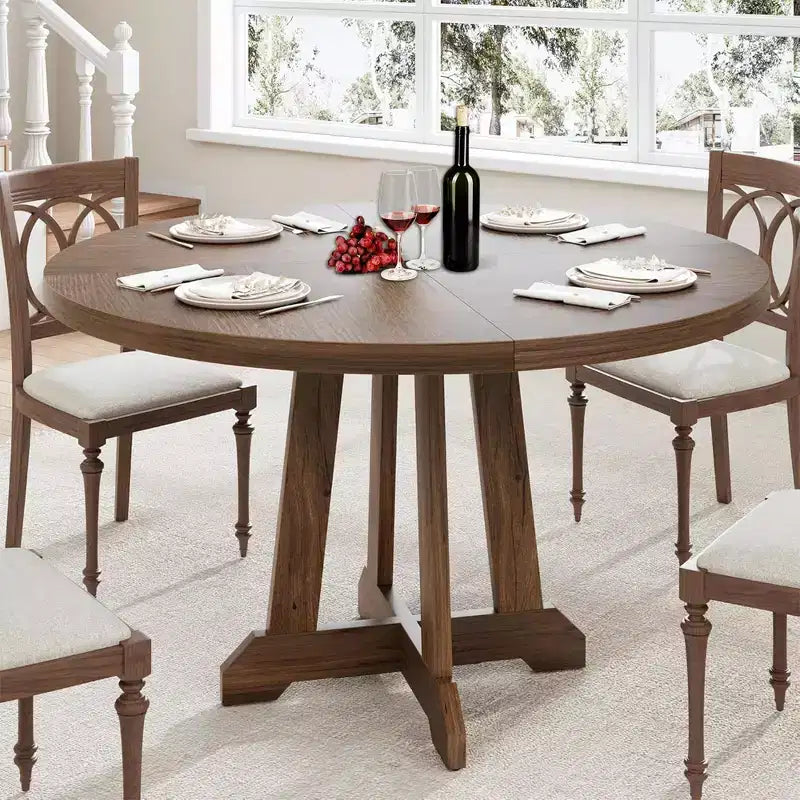Table à manger ronde de 47 po pour 4 personnes, table de cuisine en bois avec pied robuste et plateau en 4 sections, table de ferme pour salle à manger
