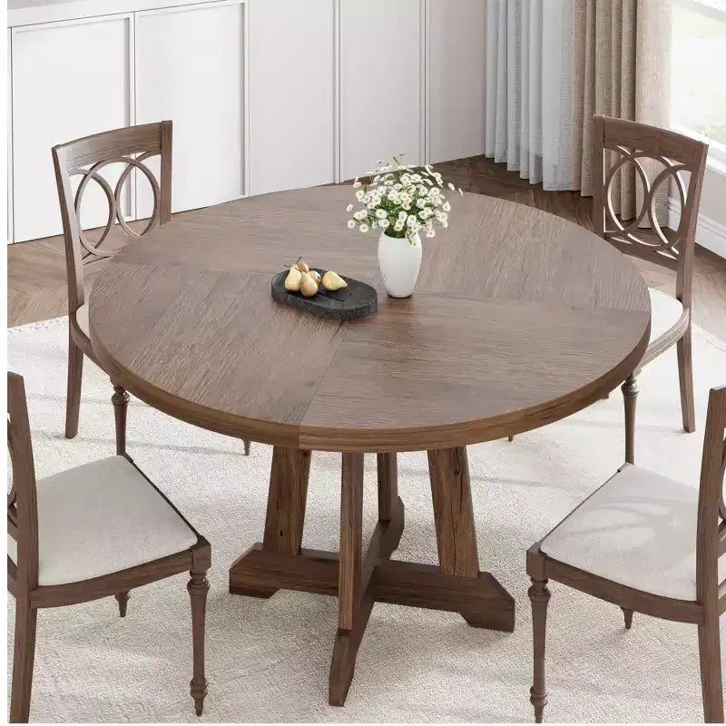 Table à manger ronde de 47 po pour 4 personnes, table de cuisine en bois avec pied robuste et plateau en 4 sections, table de ferme pour salle à manger