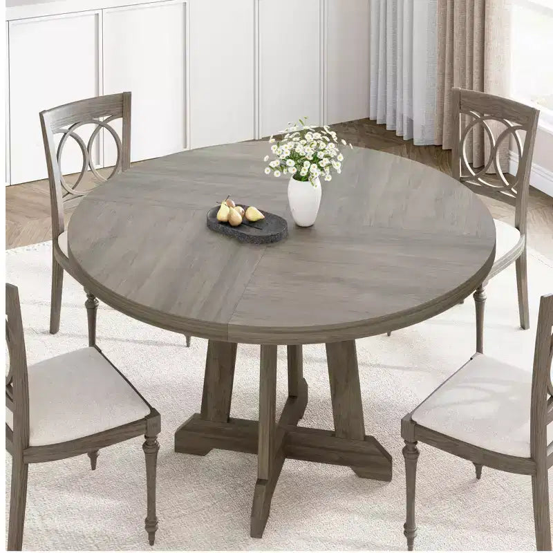 Table à manger ronde de 47 po pour 4 personnes, table de cuisine en bois avec pied robuste et plateau en 4 sections, table de ferme pour salle à manger