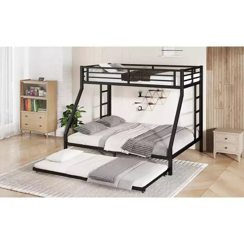 Lit superposé métallique double XL sur queen avec lit gigogne, cadre de lit triple robuste, échelles et garde-corps, silencieux, noir