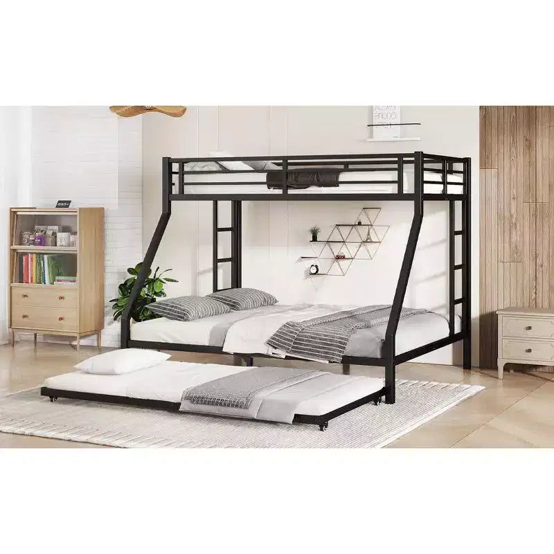 Lit superposé métallique double XL sur queen avec lit gigogne, cadre de lit triple robuste, échelles et garde-corps, silencieux, noir