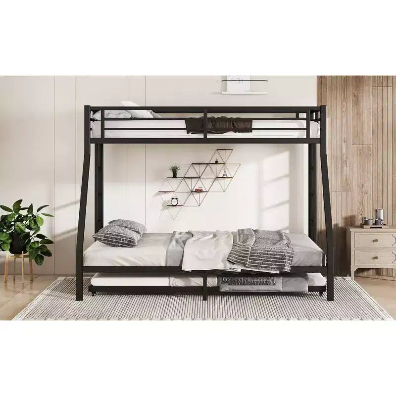Lit superposé métallique double XL sur queen avec lit gigogne, cadre de lit triple robuste, échelles et garde-corps, silencieux, noir