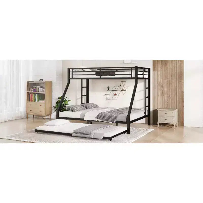 Lit superposé métallique double XL sur queen avec lit gigogne, cadre de lit triple robuste, échelles et garde-corps, silencieux, noir
