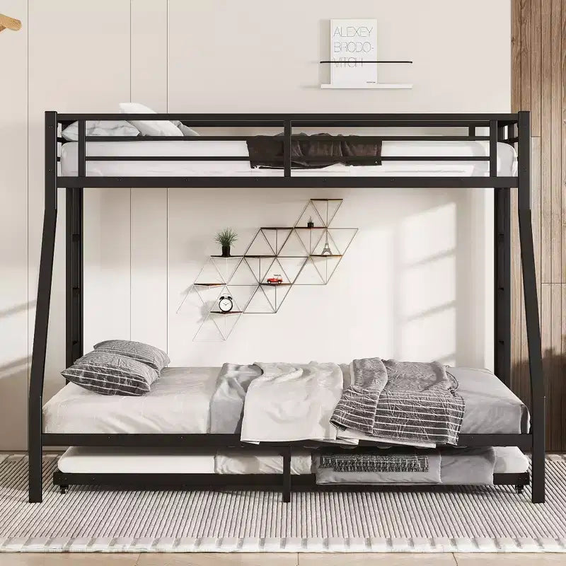 Lit superposé métallique double XL sur queen avec lit gigogne, cadre de lit triple robuste, échelles et garde-corps, silencieux, noir