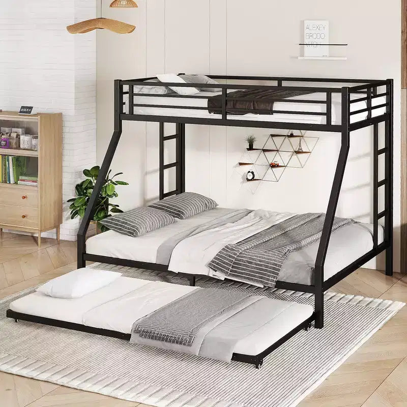 Lit superposé métallique double XL sur queen avec lit gigogne, cadre de lit triple robuste, échelles et garde-corps, silencieux, noir