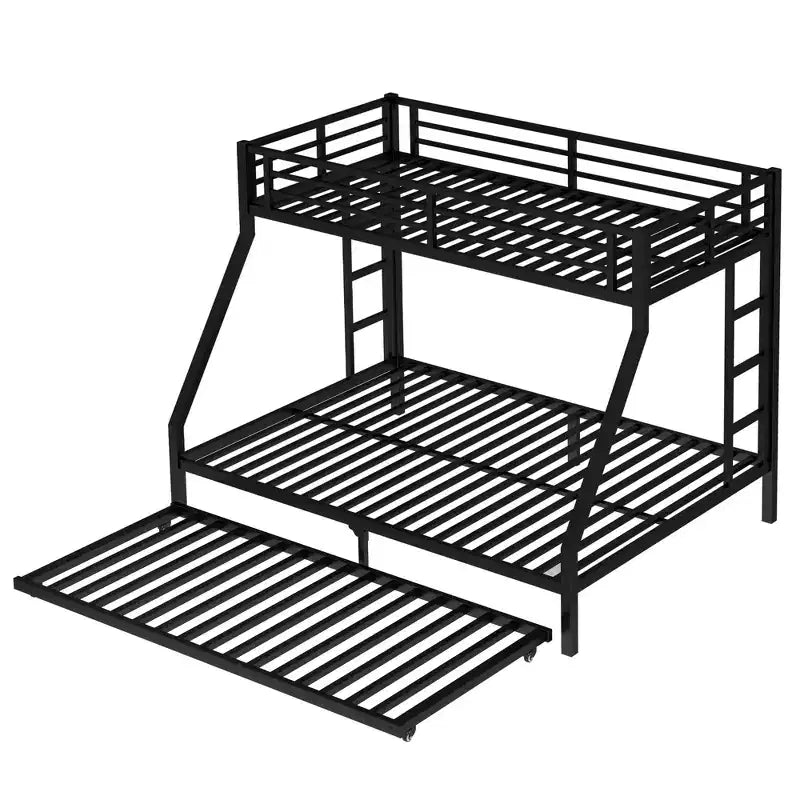 Lit superposé métallique double XL sur queen avec lit gigogne, cadre de lit triple robuste, échelles et garde-corps, silencieux, noir