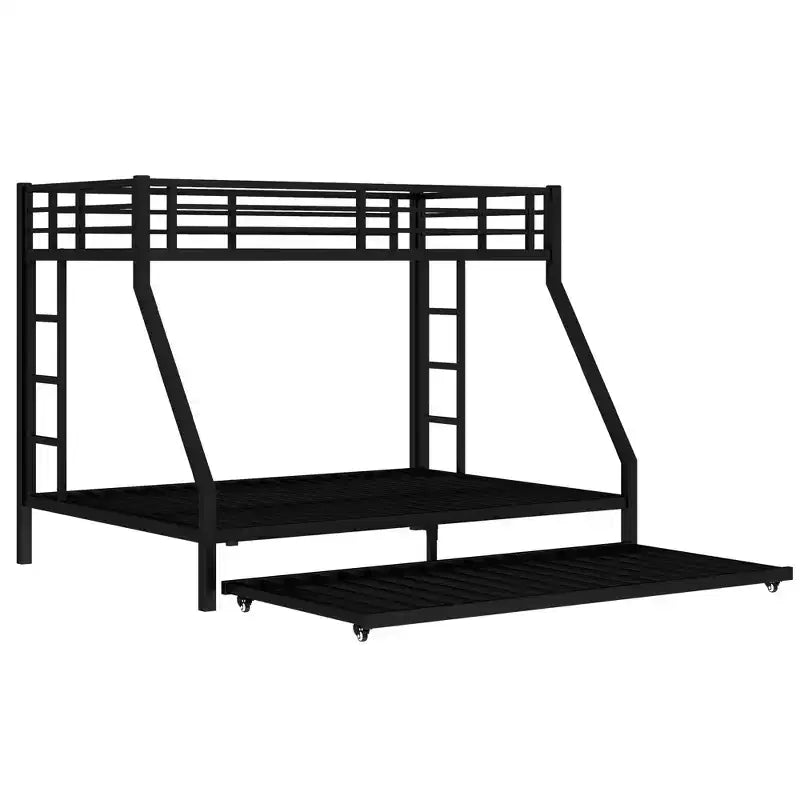 Lit superposé métallique double XL sur queen avec lit gigogne, cadre de lit triple robuste, échelles et garde-corps, silencieux, noir