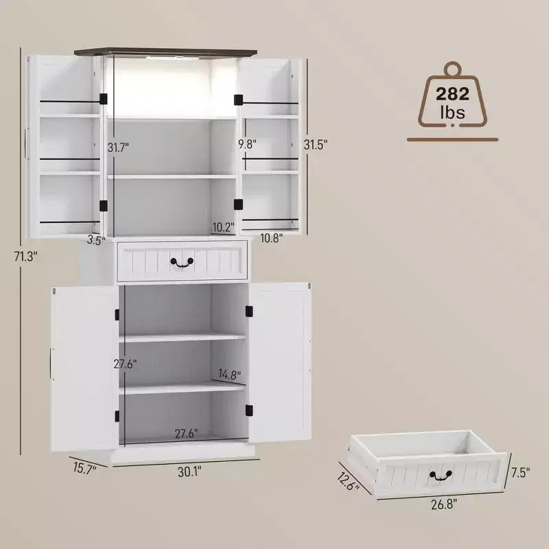 Armoire de cuisine 71 LED, meuble de rangement de style ferme avec étagères de porte