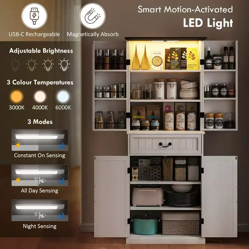 Armoire de cuisine 71 LED, meuble de rangement de style ferme avec étagères de porte