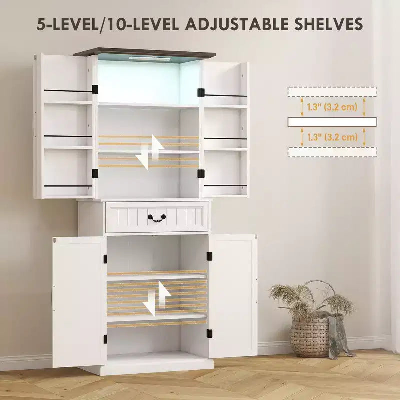 Armoire de cuisine 71 LED, meuble de rangement de style ferme avec étagères de porte