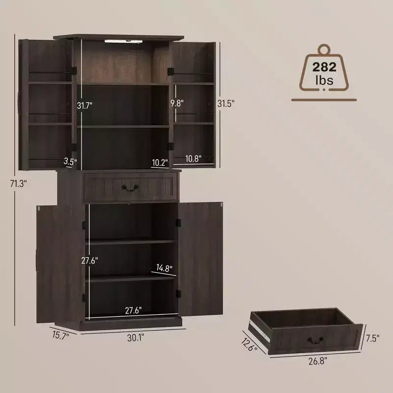 Armoire de cuisine 71 LED, meuble de rangement de style ferme avec étagères de porte