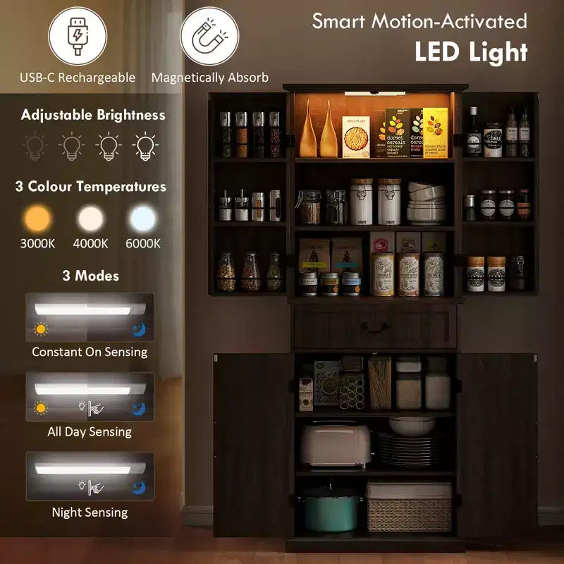 Armoire de cuisine 71 LED, meuble de rangement de style ferme avec étagères de porte