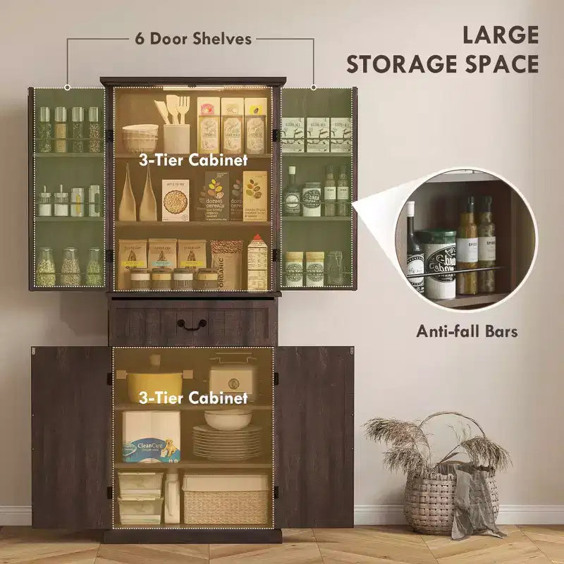 Armoire de cuisine 71 LED, meuble de rangement de style ferme avec étagères de porte