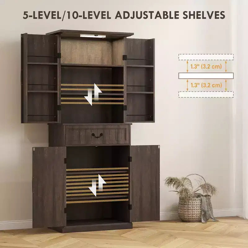 Armoire de cuisine 71 LED, meuble de rangement de style ferme avec étagères de porte