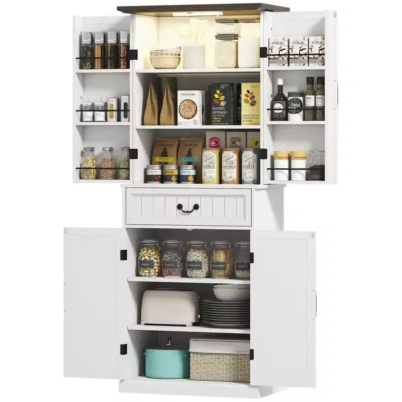 Armoire de cuisine 71 LED, meuble de rangement de style ferme avec étagères de porte
