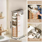 Meuble de Rangement Salle de Bain Mince à 4 Niveaux, Meuble de Salle de Bain Étroit avec Tiroirs et Boîte à Mouchoirs, Boîte de Rangement Fine en Plastique Imperméable pour Espaces Étroits Cuisine