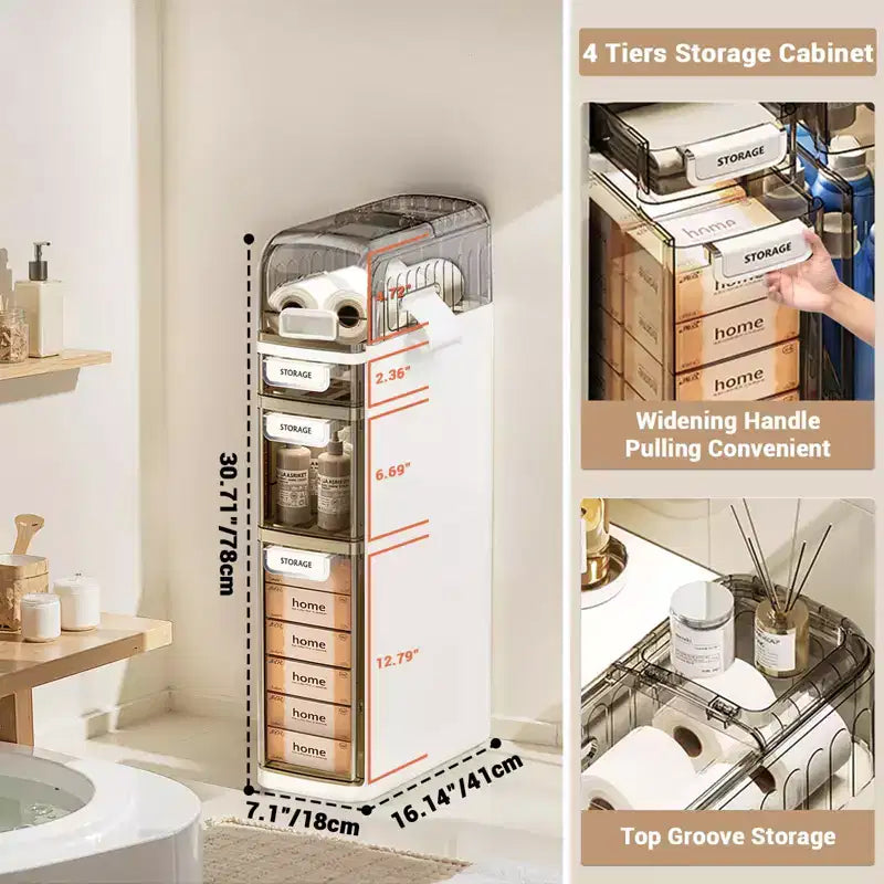 Meuble de Rangement Salle de Bain Mince à 4 Niveaux, Meuble de Salle de Bain Étroit avec Tiroirs et Boîte à Mouchoirs, Boîte de Rangement Fine en Plastique Imperméable pour Espaces Étroits Cuisine