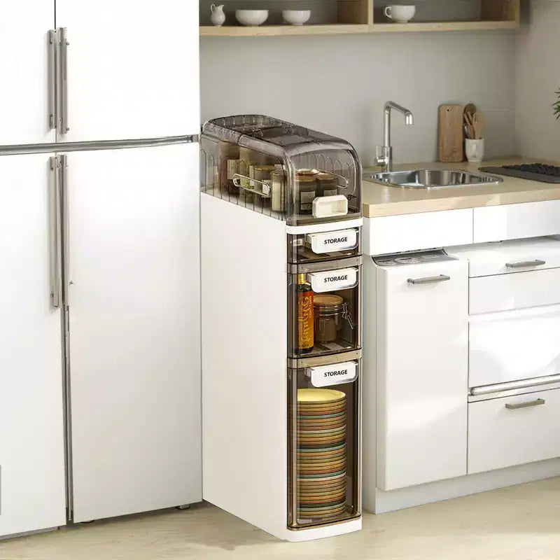 Meuble de Rangement Salle de Bain Mince à 4 Niveaux, Meuble de Salle de Bain Étroit avec Tiroirs et Boîte à Mouchoirs, Boîte de Rangement Fine en Plastique Imperméable pour Espaces Étroits Cuisine